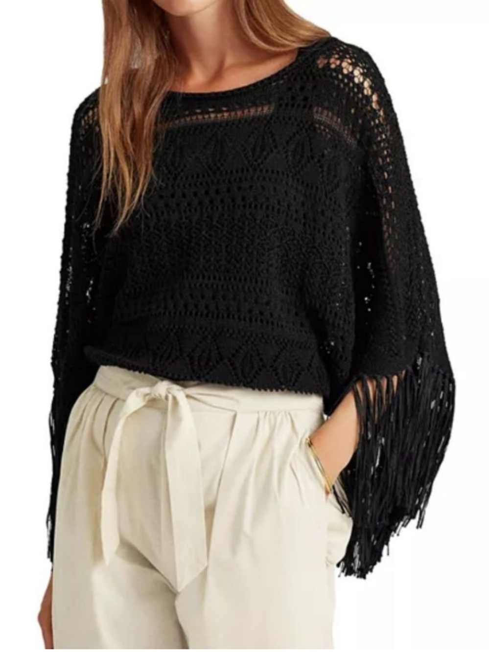 Lauren Ralph Lauren black open knit poncho sweater top fringe sleeveless S/M